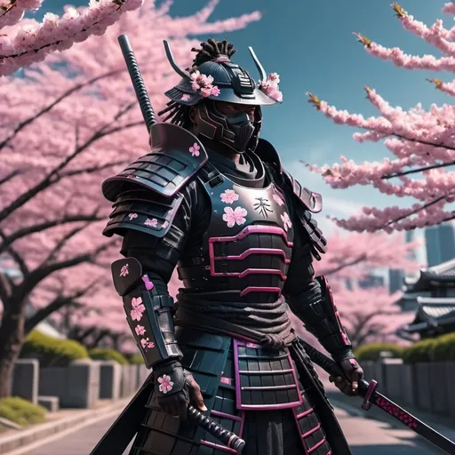 Prompt: Yasuke, black samurai armor, cherry blossom trees, 4k, ultra-detailed, futuristic, cyberpunk, dramatic lighting, sleek design, intense gaze, futuristic cityscape, high-tech weaponry, vibrant colors, historical fusion, professional