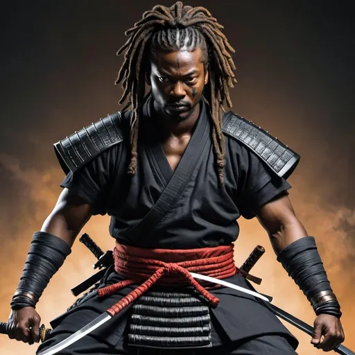 Prompt: Yasuke the  Black Samurai with dreadlocks standing over bodies on Ninja with Sword in hand