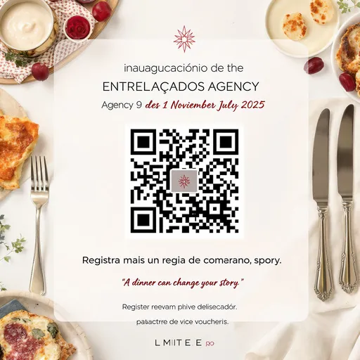Prompt: Faça um banner adicionando este QR Code. Anunciando a Inauguração da Agência Entrelaçados  dia 1° de novembro de 2025 um jantar saboroso para Solteiros. "Um jantar pode mudar sua história". Faça seu cadastro e pagamento garantindo seu voucher. Vagas L I M I T A D A S