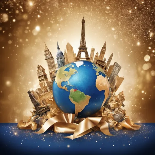 Prompt: create an image of an award ceremony-themed background with a global theme. Include elements symbolizing 'around the world,' such as world maps, globes, and international landmarks, with sparkling glitter effects scattered across the scene. Do not include people in the image, and ensure it’s suitable for use as a background.