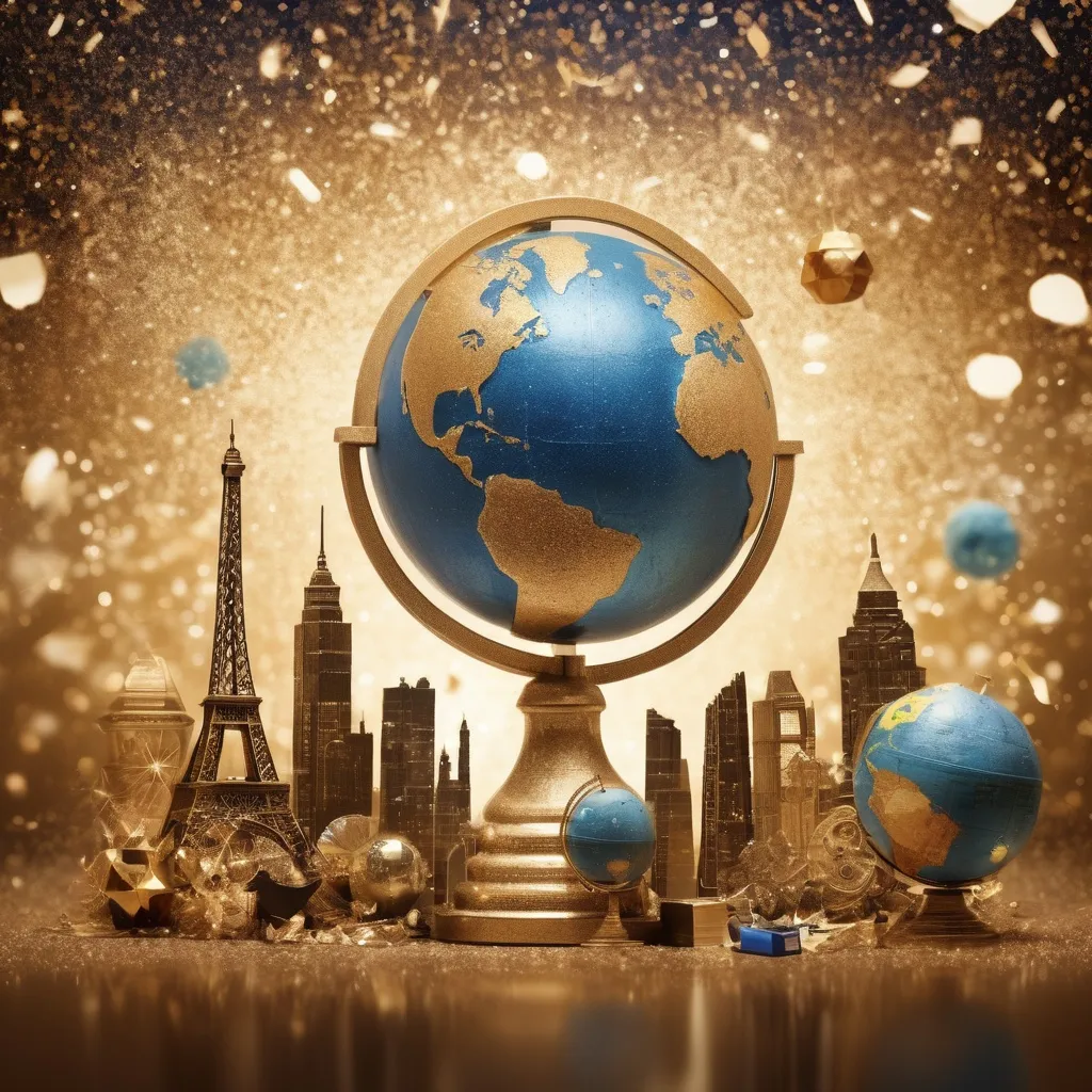 Prompt: create an image of an award ceremony-themed background with a global theme. Include elements symbolizing 'around the world,' such as world maps, globes, and international landmarks, with sparkling glitter effects scattered across the scene. Do not include people in the image, and ensure it’s suitable for use as a background.