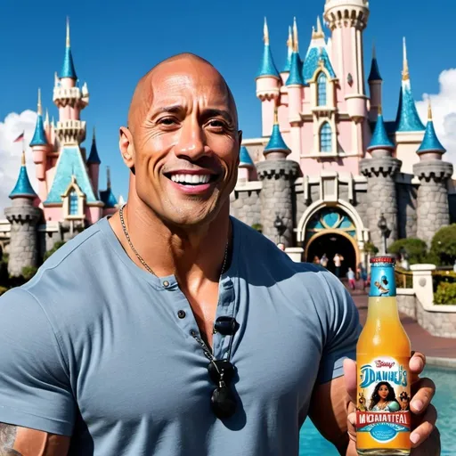 Prompt: Overall Description:
Create a YouTube thumbnail image for a video about Dwayne "The Rock" Johnson's recent deal with Disney.

Specific Details:

Background: Use a colorful and vibrant image of Disneyland, preferably with the Disney castle illuminated.
Main Character: Place an image of Dwayne Johnson in the center or slightly to the right. The image should show him in a dynamic pose or with an excited expression.
Additional Elements: Include visual elements related to Disney, such as the Disney logo and characters from Moana (e.g., Moana and Maui).
Attention-Grabbing Text: Add large, bright text at the top saying: "The Rock in Disney!" The text should be in contrasting colors to make it easy to read.
Future Project Icons: Add small icons or images of Space Mountain, an ESPN screen, and a bottle of Teremana tequila at the bottom to indicate the variety of possible projects.
Art Style:

Use a vibrant and colorful style that grabs attention.
Ensure the image is high resolution and clear, suitable for a YouTube thumbnail.
Technical Specifications:

Image size: 1280x720 pixels
Format: PNG or JPEG
Resolution: 300 dpi