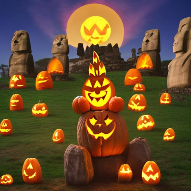 Prompt: Easter Bunny hiding jack-o-
lanterns instead of eggs behind Moai
