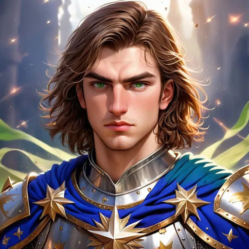 Prompt: Young adult paladin, Caucasian, with medium length brown hair, serious look, thick straight eyebrows, straight nose, green eyes, strong chin, plate armor ornamented with the symbol of a star with rays, medieval fantasy, realistic, background order of knights with blue banners with a white star in the center