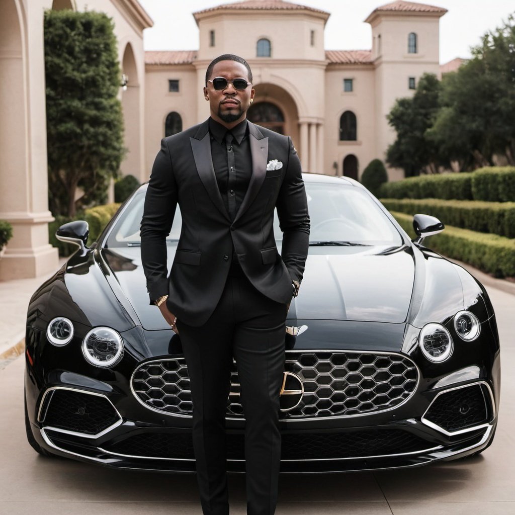 an image of a rich black person standing by a fancy car