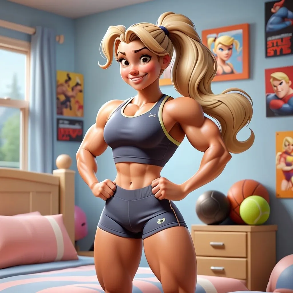 Disney style muscular girl, blonde hair, brown eyes,...