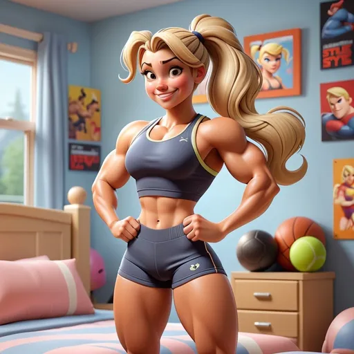 Prompt: Disney style muscular girl, blonde hair, brown eyes, thick thighs, toned body, muscular body,in gym clothes, really short shorts, ponytail, full body, teenager, young, in bedroom ,smiling, sports clothes