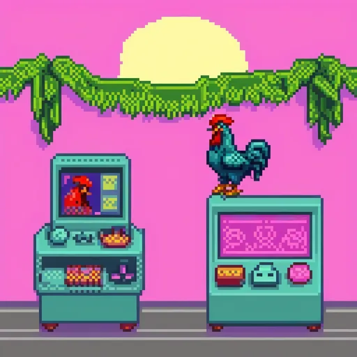 Prompt: Pixel art banner for an NFT collection called 'RooosterKan Power'. The background should be a retro gradient in pixel style, with a vaporwave or 80s arcade vibe. Include several colorful pixel-art roosters in different poses and styles, spaced across the banner. Leave some empty space on the left side for a logo. Image ratio 7:2, high-resolution, 1400x400 pixels