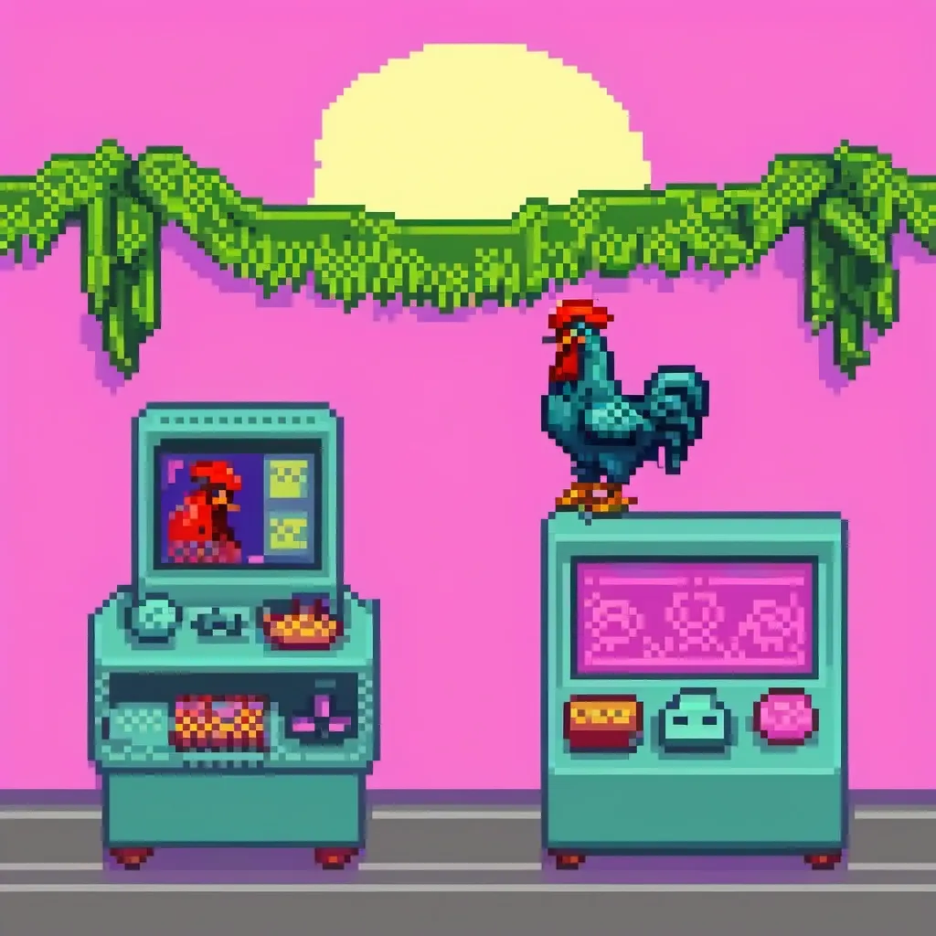 Prompt: Pixel art banner for an NFT collection called 'RooosterKan Power'. The background should be a retro gradient in pixel style, with a vaporwave or 80s arcade vibe. Include several colorful pixel-art roosters in different poses and styles, spaced across the banner. Leave some empty space on the left side for a logo. Image ratio 7:2, high-resolution, 1400x400 pixels