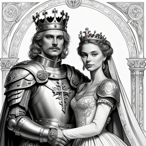 Prompt: make me a coloring page highly detailed in portrait scale of a king and queen arms entwined the king should be in his early middle age with short hair and martial attire garnished by a cross in the center of his chest and on the pauldrons of his armor. The queen should be young and beautiful with an elaborate garb and they both should have expressions of love and devoton more pronounced in the queen. the king should have a slightly grizzled disheveled appearance