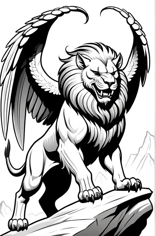 Prompt: format: coloring page. Subject: manticore   Characteristics: majestic, dangerous, in flight, lion body, eagle legs, snake tail.