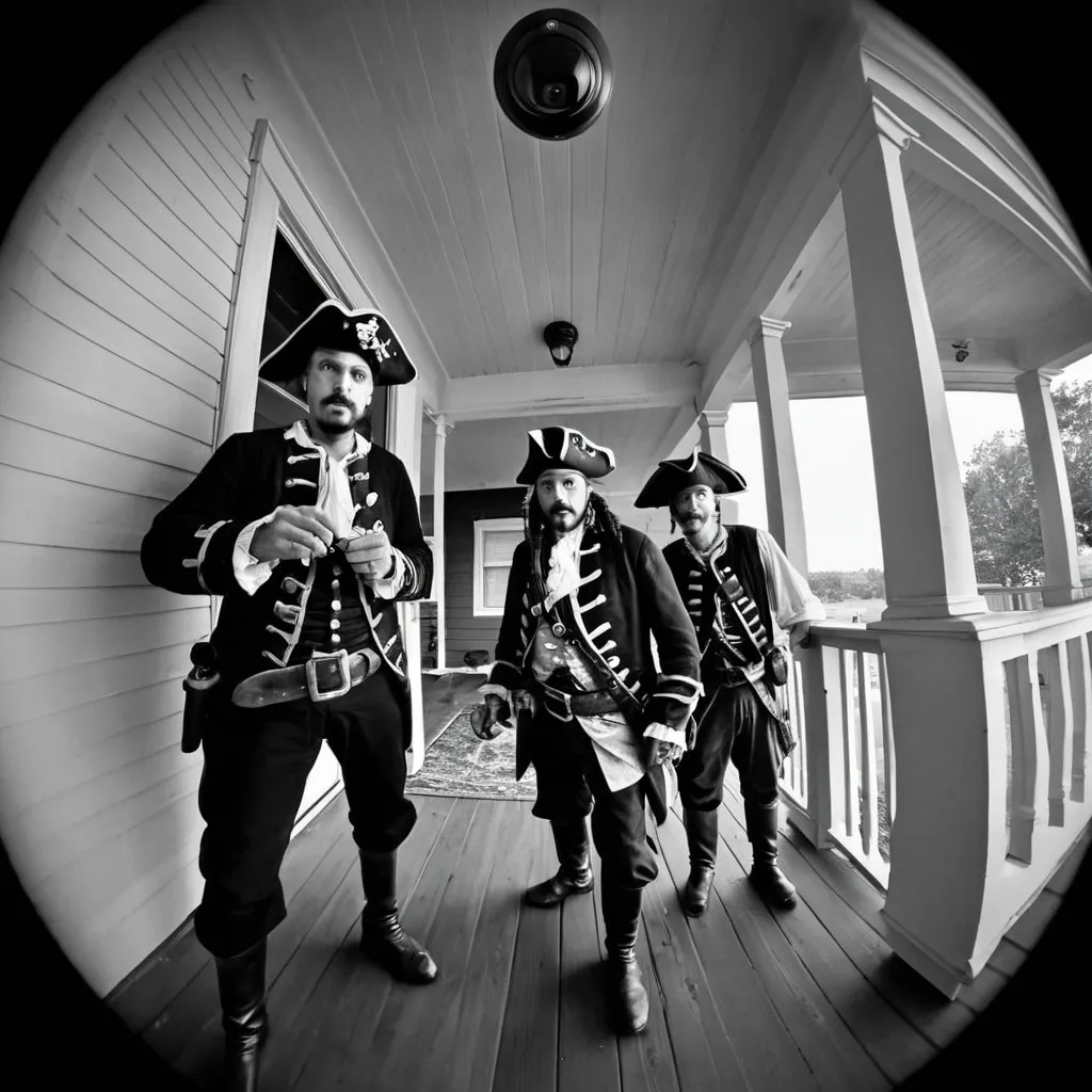 Prompt: Ring doorbell POV of 3 pirates from the 1700's on front porch in black and white night vision fish eye lens