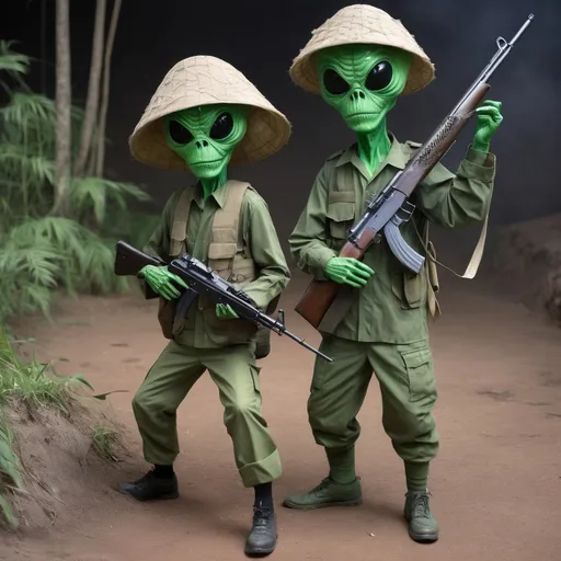 Prompt: Mix between green Martian alien and Vietcong soldier holding sks rifle with an Asian coolie hat on, in a vietnam spiderhole