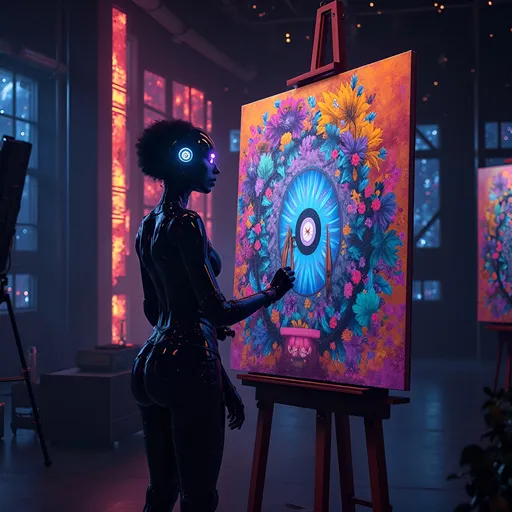 Prompt: From a first-person perspective, the scene unfolds inside a sleek, dimly lit studio bathed in a surreal glow from megalights casting ethereal patterns across the walls. The Afro-futuristic AI painter stands poised at a large canvas, vibrant strokes of color emerging as it meticulously captures its own intricate design—geometric patterns intertwining with natural elements. The AI's luminous eyes reflect a spectrum of hues, embodying intelligence and creativity. The air is thick with an electric atmosphere, as wisps of digital energy seem to swirl around, enhancing the painter's movements. Outside, the starry blackspace glimmers with distant galaxies, creating a striking contrast against the hyper-realistic detail of the masterpiece in progress—an extraordinary blend of art and technology, rendered in 128k quality, emphasizing extreme fantasycore aesthetics.