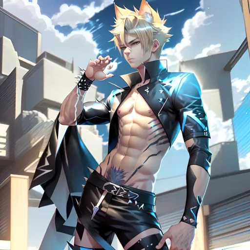 Prompt: High-quality digital illustration of a masculine Miqote, short spiky blonde hair, edgy and cool pose, cat tail, cat ears, detailed facial features, vibrant and dynamic, anime, cool tones, intense lighting, professional, 3D rendering, catboy, confident expression, urban setting, futuristic vibe, detailed eyes, sleek design