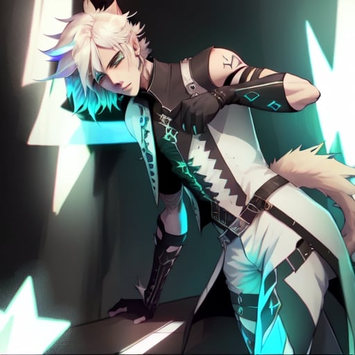 Prompt: A male miqote posing edgy and cool, short spiky blonde hair, hologram, cat tail, cat ears, white clothes