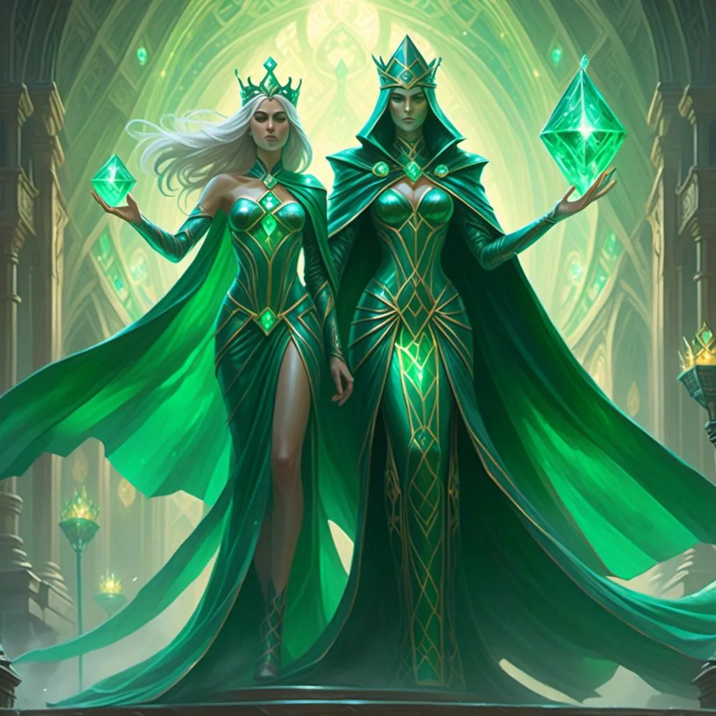 Prompt: <mymodel> "An Elden Ring-style epic boss fight scene featuring two regal figures: Emerald Rennet the Queen and Diamond Dante the King. Emerald Rennet is depicted as a majestic female figure in flowing robes that shimmer with a myriad of green hues, resembling the depths of an emerald. She wields a scepter topped with a large, glowing emerald that radiates powerful magic waves. Diamond Dante, the King, is shown in ornate armor that glistens like a myriad of tiny diamonds, reflecting light with every movement. He holds a broadsword with a diamond-encrusted hilt, poised for combat. The scene is set in a grand throne room with opulent decorations, reflecting their royal status. The dynamic interaction between them is shown as they combine their powers, creating a spectacular display of light and energy, signifying their formidable strength and unity in battle. The background of the throne room is filled with intricate tapestries and golden accents, enhancing the regal and mystical atmosphere of the confrontation."

This prompt should set the stage for a visually striking and powerful depiction of these two key characters in your campaign, emphasizing their royal attributes and the synergy of their powers.










ChatGPT can make