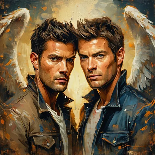Prompt: (Artistic masterpiece), fusion of Sam winchester and dean winchester and their angels celestial figures, whimsical elements, youthful energy, dramatic expressions, copious detailing, ornate background, soft yet vivid color palette, warm tones, ethereal ambiance, dynamic composition, harmonious blend of characters, painterly texture, 4K resolution, inspired by Renaissance styles.