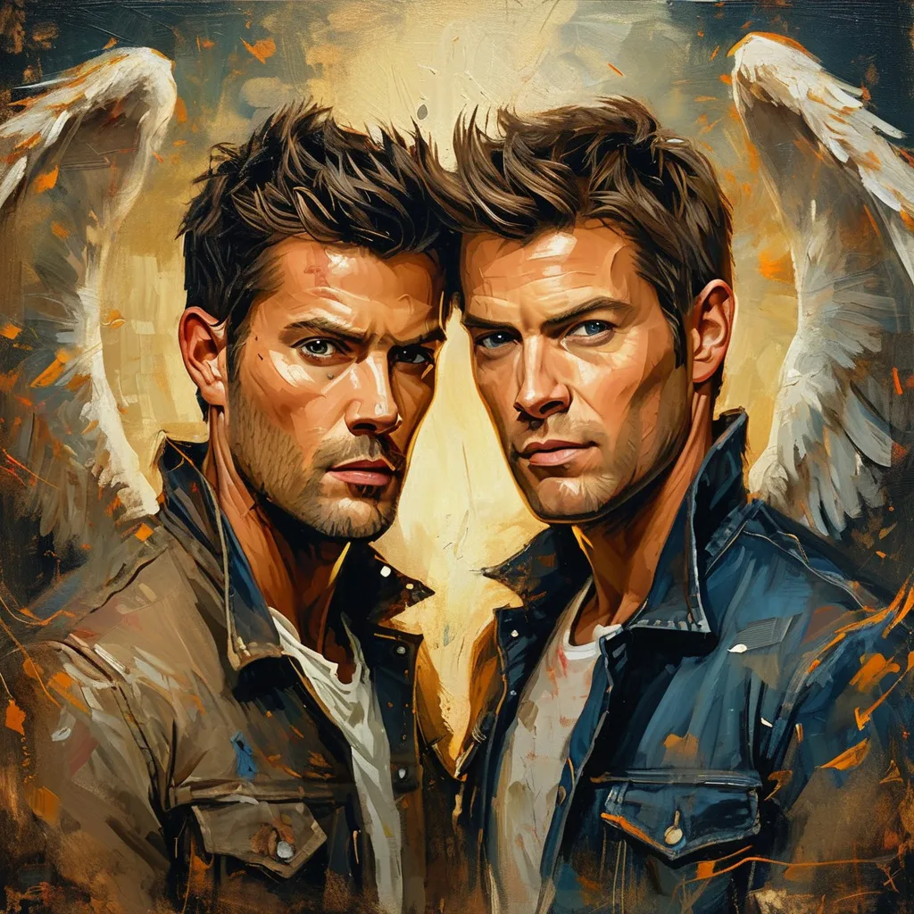 Prompt: (Artistic masterpiece), fusion of Sam winchester and dean winchester and their angels celestial figures, whimsical elements, youthful energy, dramatic expressions, copious detailing, ornate background, soft yet vivid color palette, warm tones, ethereal ambiance, dynamic composition, harmonious blend of characters, painterly texture, 4K resolution, inspired by Renaissance styles.