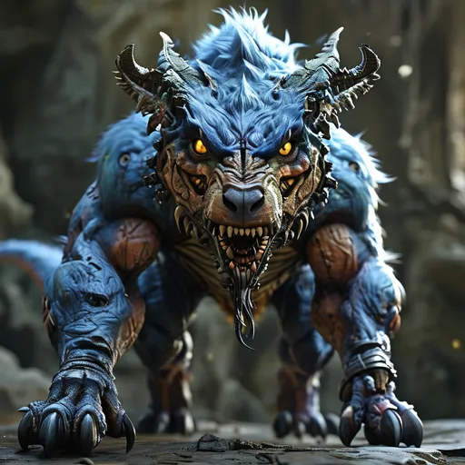 Prompt: Full Monster, non-humanoid Fusion of (Prehistoric Cho'gath who is a T-rex) and (Warwick who is a werewolf), realism style, dark color scheme, intricate textures, (high detail), dynamic pose, ultra-detailed rendering, creative lighting, dramatic shadows, atmospheric depth, highly textured surfaces, evokes a sense of terror and scale. A clear fusion of massive imposing nature with the lithe furry bestial form. A face like primal wolf.