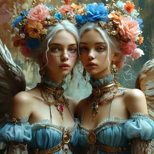 Prompt: (Artistic masterpiece), fusion of KD/A Seraphine and Jinx, celestial figures, whimsical elements, youthful energy, dramatic expressions, copious detailing, ornate background, soft yet vivid color palette, warm tones, ethereal ambiance, dynamic composition, harmonious blend of characters, painterly texture, 4K resolution, inspired by Renaissance styles.