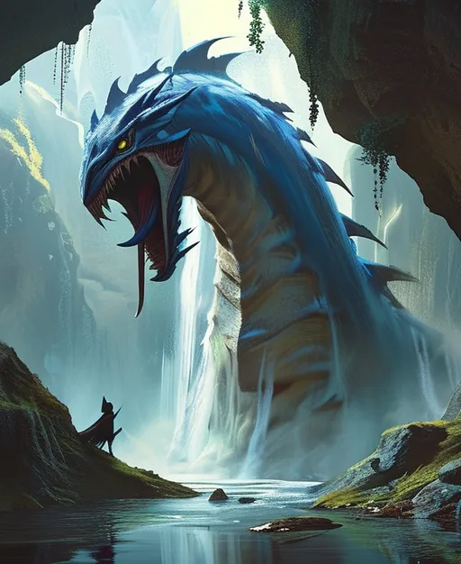 Prompt: Coven ashe from league of legends riding a large monster with a large mouth and a long neck standing in a cave with a waterfall in the background, Alex Horley-Orlandelli, fantasy art, magic the gathering artwork, concept art