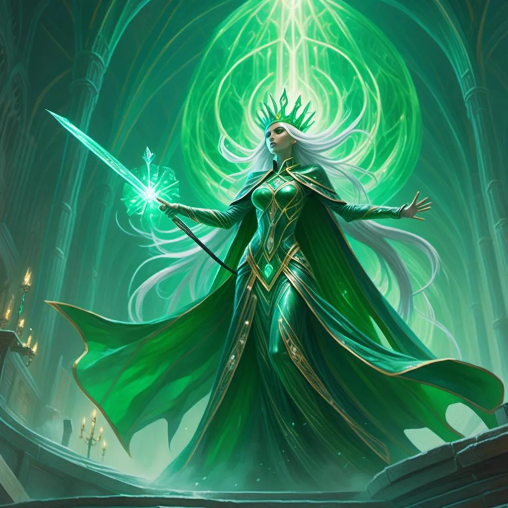 Prompt: <mymodel> "An Elden Ring-style epic boss fight scene featuring two regal figures: Emerald Rennet the Queen and Diamond Dante the King. Emerald Rennet is depicted as a majestic female figure in flowing robes that shimmer with a myriad of green hues, resembling the depths of an emerald. She wields a scepter topped with a large, glowing emerald that radiates powerful magic waves. Diamond Dante, the King, is shown in ornate armor that glistens like a myriad of tiny diamonds, reflecting light with every movement. He holds a broadsword with a diamond-encrusted hilt, poised for combat. The scene is set in a grand throne room with opulent decorations, reflecting their royal status. The dynamic interaction between them is shown as they combine their powers, creating a spectacular display of light and energy, signifying their formidable strength and unity in battle. The background of the throne room is filled with intricate tapestries and golden accents, enhancing the regal and mystical atmosphere of the confrontation."

This prompt should set the stage for a visually striking and powerful depiction of these two key characters in your campaign, emphasizing their royal attributes and the synergy of their powers.










ChatGPT can make