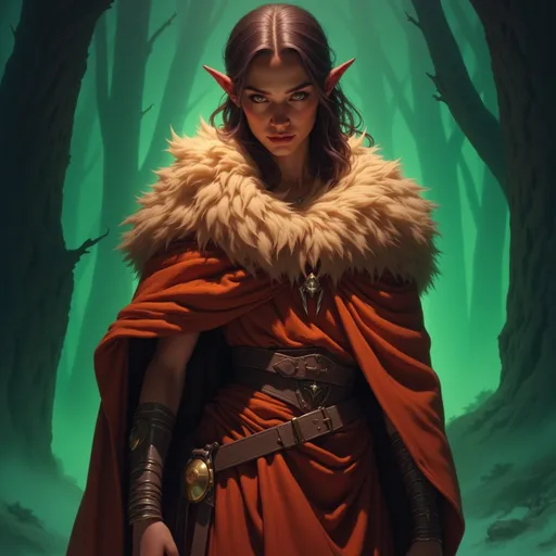 Prompt: "A powerful woman standing confidently, wearing a wolf fur mantle with the wolf’s fur draped around her neck, her posture strong and commanding, dramatic green-violet backlight contrasting intensely with the warm orange tones of her clothing, cinematic dramatic lighting, serious expression with a subtle confident smile, highly detailed, painterly textures, epic and empowering atmosphere