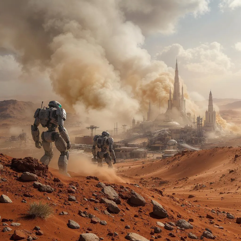 Prompt: Robots  The town, called Gearford, lay hidden in the middle of a vast desert where no humans dared tread anymore

