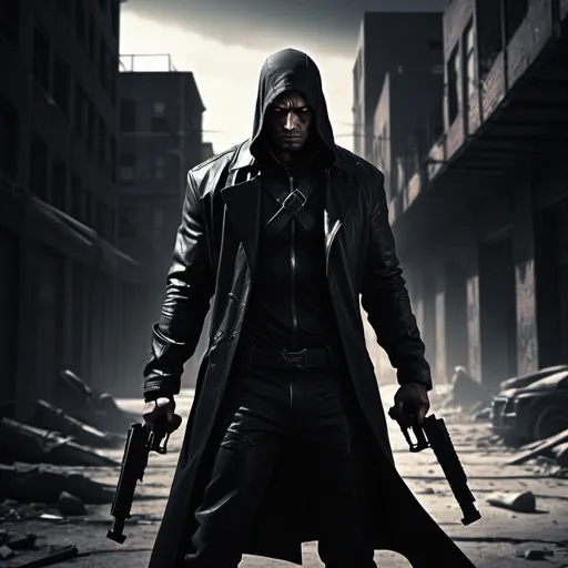 Prompt: Dark, gritty digital illustration of a lone avenger in a desolate urban landscape, intense and determined expression, sleek and deadly assassin attire, dramatic lighting with deep shadows, high-res, high-detail, cinematic, noir, intense eyes, urban decay, detailed weaponry, vengeance, atmospheric lighting