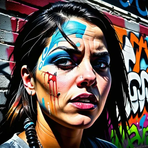 Prompt: Gritty graffiti art of a vengeful survivor, vibrant and rebellious, urban street setting, gritty and raw textures, intense and emotional, detailed facial expression, dramatic lighting, high contrast shadows, vibrant colors, realistic yet stylized, mid-shot framing, graffiti style, urban, revenge, survivor, intense emotion, dramatic lighting, detailed face, vibrant colors, high contrast, street setting, raw textures