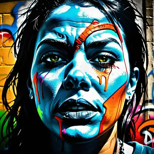 Prompt: Gritty graffiti art of a vengeful survivor, vibrant and rebellious, urban street setting, gritty and raw textures, intense and emotional, detailed facial expression, dramatic lighting, high contrast shadows, vibrant colors, realistic yet stylized, mid-shot framing, graffiti style, urban, revenge, survivor, intense emotion, dramatic lighting, detailed face, vibrant colors, high contrast, street setting, raw textures