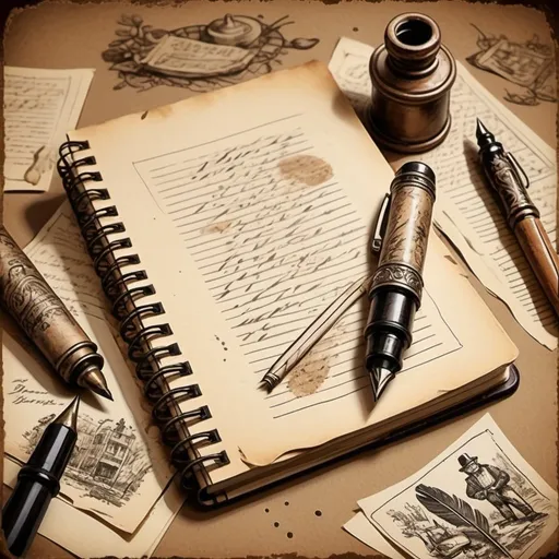 Prompt: Cartoon-style historical notebook, vintage paper texture, hand-drawn illustrations, aged and weathered appearance, antique quill pen, ink splatters, dusty sepia tones, historical sketches, detailed calligraphy, nostalgic theme, artistic storytelling, warm lighting, rich textures, artistic, cartoon, vintage, historical, aged appearance, detailed illustrations, hand-drawn, nostalgic theme, warm lighting