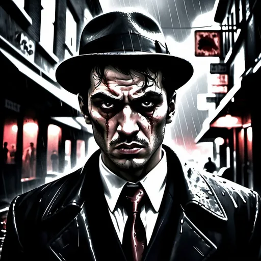 Prompt: Dark and gritty digital illustration, intense mafia revenge scene, detailed facial expressions, blood-soaked environment, high-quality, cinematic, dramatic lighting, noir style, desaturated tones, shadows, grim atmosphere, emotional son's determined stare, urban setting, raining alleyways, steam rising from the ground, intense vengeance, rainy night, cinematic quality, dramatic lighting, noir, intense expressions, determined, revenge, gritty atmosphere