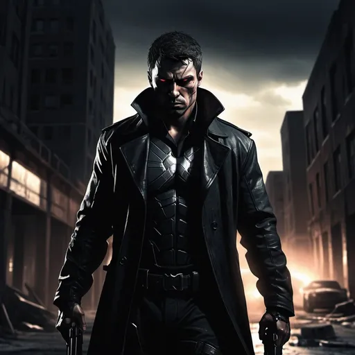 Prompt: Dark, gritty digital illustration of a lone avenger in a desolate urban landscape, intense and determined expression, sleek and deadly assassin attire, dramatic lighting with deep shadows, high-res, high-detail, cinematic, noir, intense eyes, urban decay, detailed weaponry, vengeance, atmospheric lighting