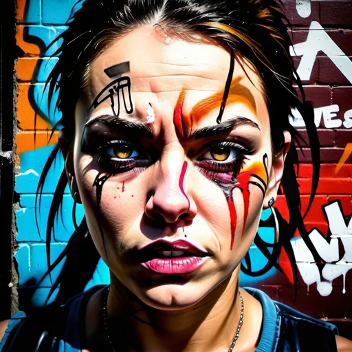 Prompt: Gritty graffiti art of a vengeful survivor, vibrant and rebellious, urban street setting, gritty and raw textures, intense and emotional, detailed facial expression, dramatic lighting, high contrast shadows, vibrant colors, realistic yet stylized, mid-shot framing, graffiti style, urban, revenge, survivor, intense emotion, dramatic lighting, detailed face, vibrant colors, high contrast, street setting, raw textures