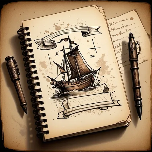 Prompt: Cartoon-style historical notebook, vintage paper texture, hand-drawn illustrations, aged and weathered appearance, antique quill pen, ink splatters, dusty sepia tones, historical sketches, detailed calligraphy, nostalgic theme, artistic storytelling, warm lighting, rich textures, artistic, cartoon, vintage, historical, aged appearance, detailed illustrations, hand-drawn, nostalgic theme, warm lighting