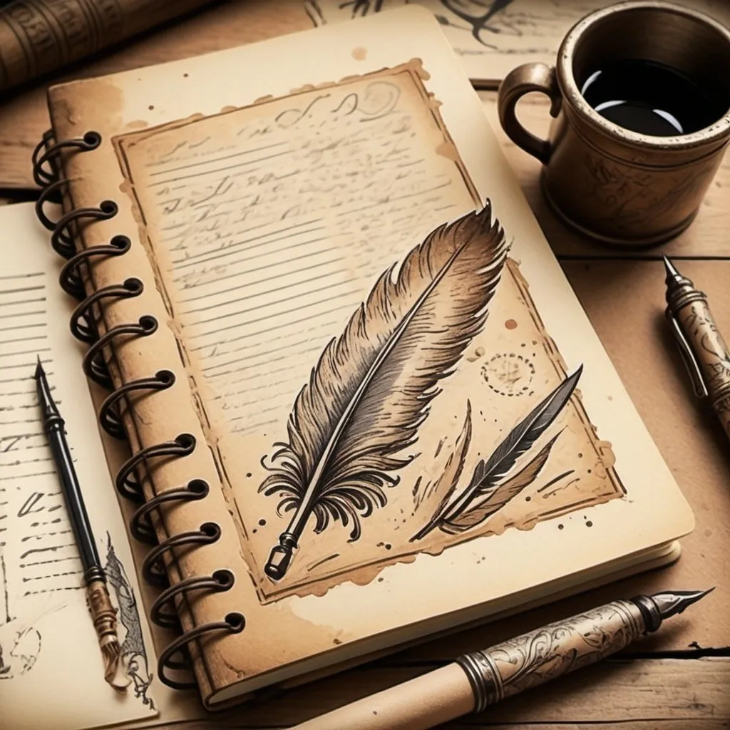 Prompt: Cartoon-style historical notebook, vintage paper texture, hand-drawn illustrations, aged and weathered appearance, antique quill pen, ink splatters, dusty sepia tones, historical sketches, detailed calligraphy, nostalgic theme, artistic storytelling, warm lighting, rich textures, artistic, cartoon, vintage, historical, aged appearance, detailed illustrations, hand-drawn, nostalgic theme, warm lighting