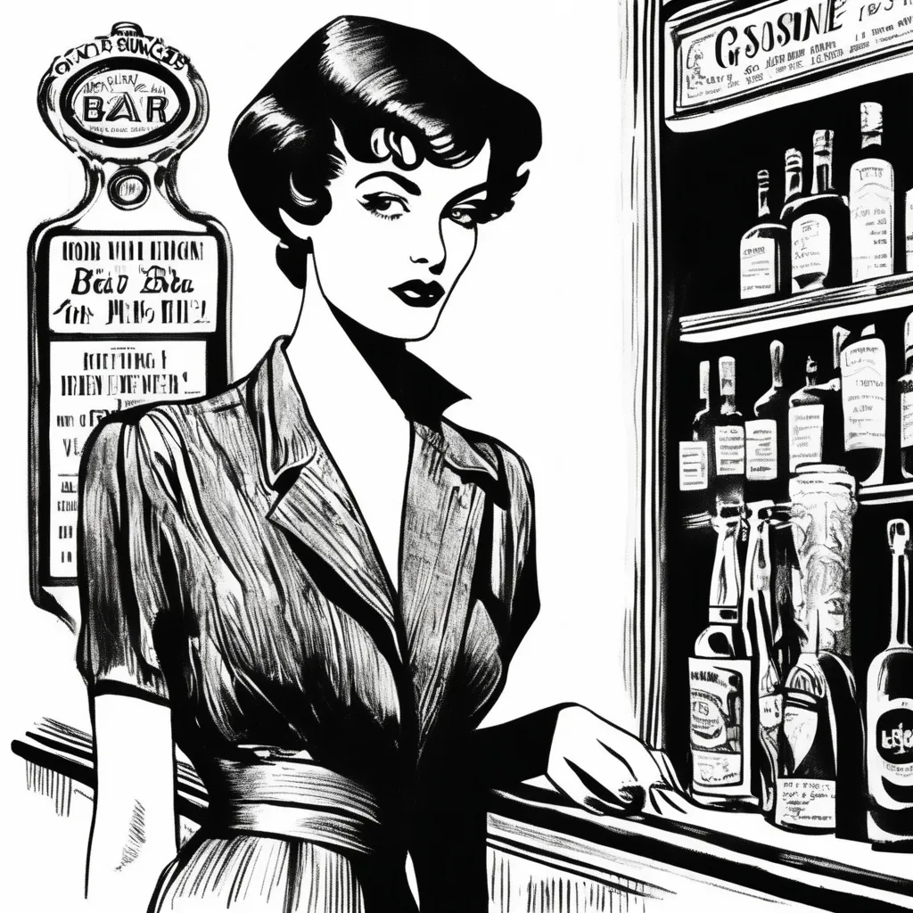 Prompt: Vintage clipart drawing of a woman with very short dark hairwearing dark sungla, black and white, ink drawing with 'BACK IN BUSINESS😉' as name of a bar