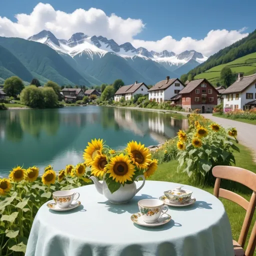 Prompt: A picturesque lakeside scene with a table set for tea, adorned with sunflowers in the foreground. The backdrop features towering mountains partially covered in snow, lush green valleys, a vibrant blue sky with fluffy clouds, and a cluster of charming village houses by the serene lake.