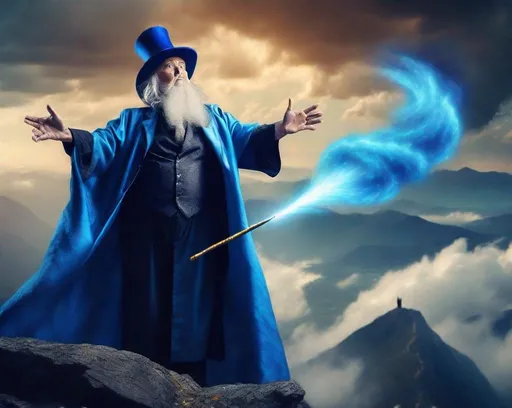 Prompt: An old magician carrying a magic wand and standing on the top of a mountain with his arms open towards the sky, creating Giant blue tornado