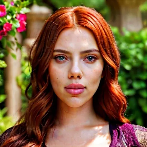 Prompt: Scarlett Johansson wearing a beauty brassiere, peaceful and serene atmosphere, vibrant natural colors, realistic face detailes, detailed facial features, flowing red hair with sunlight highlights, professional digital art, high quality, realistic, peaceful garden setting, detailed facial expression, serene, vibrant colors, natural lighting