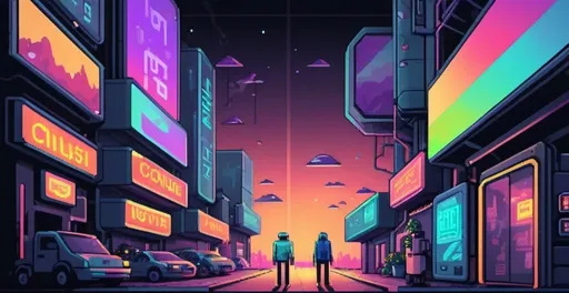 Prompt: The artwork is in pixel style. It's futuristic and colorful. The second chapter is called consume less. it's focused on stopping consumer culture. Create a cover image for this new world. 
