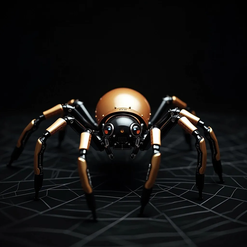Prompt: A sleek, robotic spider commands attention against a stark black background, showcasing an innovative design that blends technology with lifelike features. Its glossy, golden shell gleams under soft lighting, accentuating rounded edges and mechanical joints, while its elongated, black legs are poised as if ready to spring into action. The spider's multifaceted eyes, resembling camera lenses, suggest a level of intelligence and observation, heightening its enigmatic presence. The image captures an intriguing fusion of art and science, evoking a sense of wonder and curiosity about the advancements in robotics. The psider is  sanding on a digital net what  is looks like a spider net, but its made by digital characters.