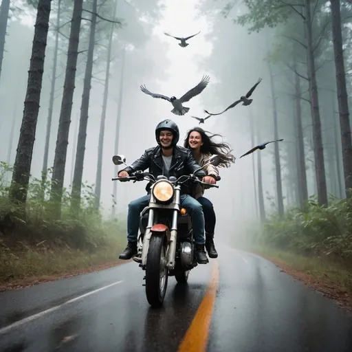 Prompt: A young couple riding on a motorcycle through a misty forest as a few birds fly above them