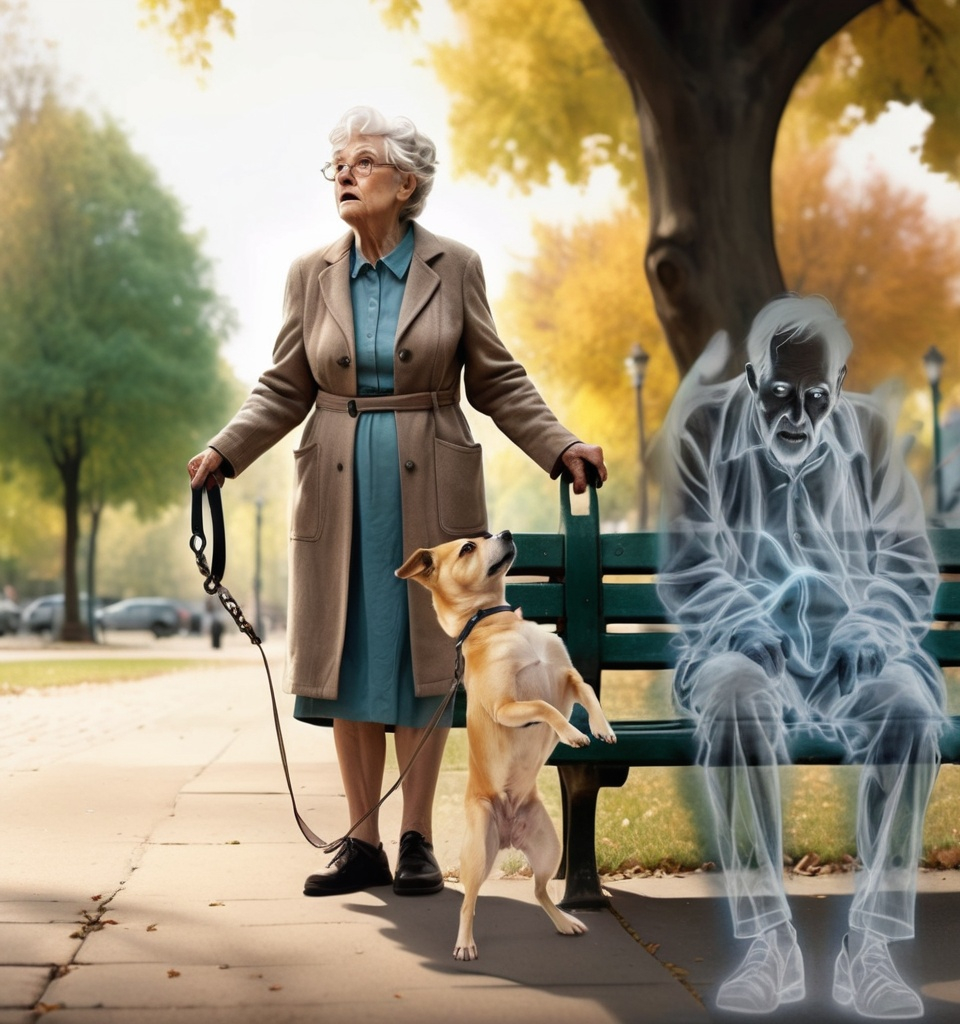 Prompt: full body portrait, low angle, panorama, dog on leash is standing on hind legs with front legs begging in the air, Old woman holding leash, next to an old man Ghost sitting on a park bench,  cinematic colors, highly detailed, saturated colors