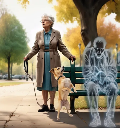 Prompt: full body portrait, low angle, panorama, dog on leash is standing on hind legs with front legs begging in the air, Old woman holding leash, next to an old man Ghost sitting on a park bench,  cinematic colors, highly detailed, saturated colors