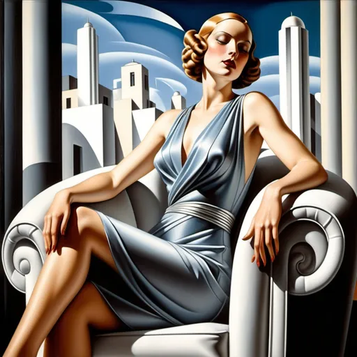 Prompt: far-shot, low angle panorama, detailed, by Tamara de Lempicka bright deep color, Art Deco, The background is an art deco modern, with white or grey stylized abstract art deco buildings in columns and a blue sky.  back view 3/4 turned woman sitting on a white armchair wearing a long, flowing silk grey dress with a plunging neckline. The dress is draped over her body and she is holding a wine glass in her right hand. The woman has her hair styled in an updo and is looking off to the side with a serious expression on her face. The overall mood of the image is elegant and sophisticated.