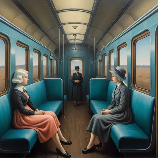 Prompt: a surrealist painting in the style of Magritte inside a train, a couple of young girls talking, a lonely old lady barely smiling