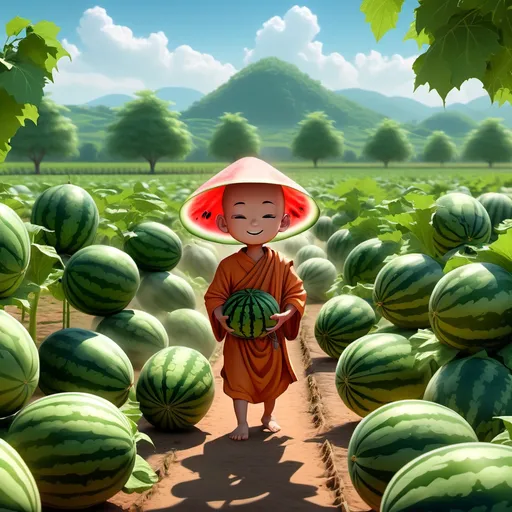 Prompt: (cute little monk), harvesting watermelons, vibrant green farm, lush scenery, (blue and clear sky), cheerful atmosphere, sun-drenched fields, soft sunlight filtering through leaves, surrounded by bountiful watermelons, serene and peaceful ambiance, (purified environment), 4K, ultra-detailed, rich colors, picturesque landscape, refreshing feel, gentle breeze.